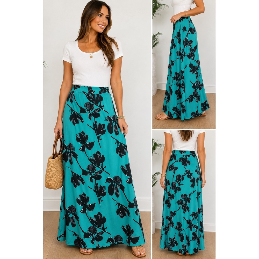 R&B Collection Women's Large Teal Black Floral Maxi Skirt Side Zip Elastic Waist